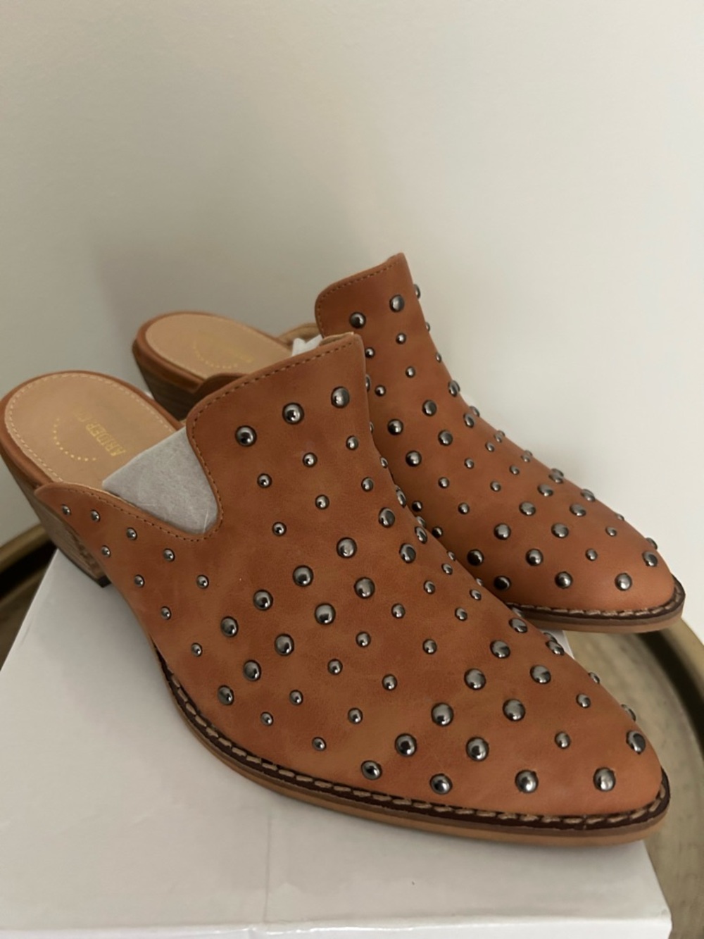 A Rider Girl Studded Tan Slip-On Mules - Picture 2 of 5